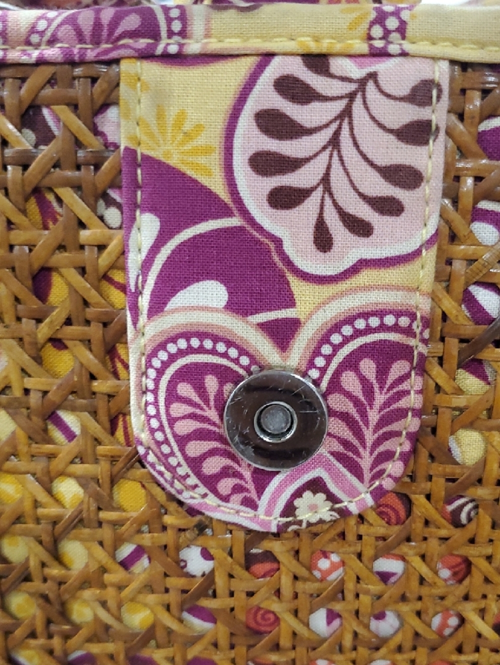 Vera Bradley Woven Rattan Tote with Pink & Yellow Paisley Trim - Picture 14 of 16